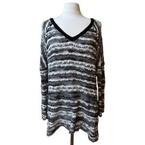 Free People Womens Songbird Boucle Sweater Black Crochet Knit Pullover
